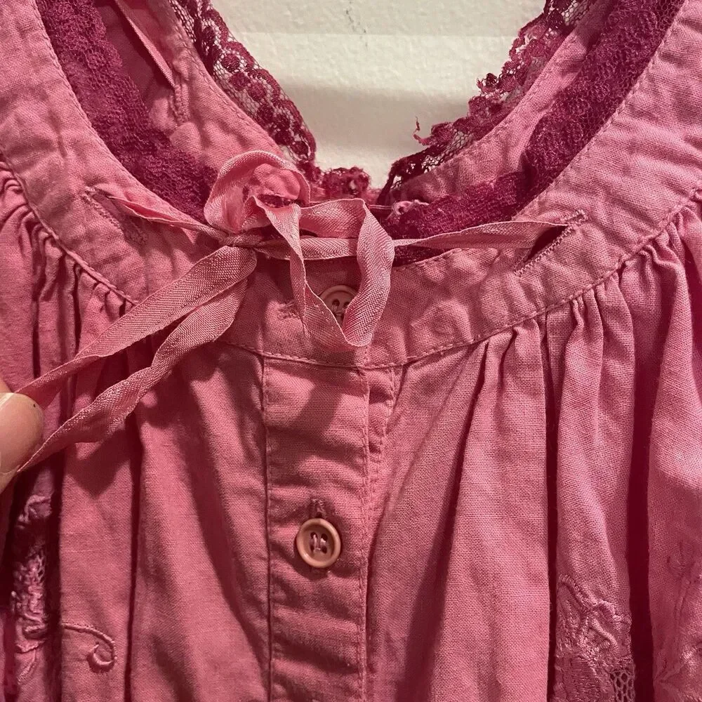 Vtg Pink Coquette Pink Lace Cotton Dress Lingerie Small Button Sweetheart Tiered - Picture 10 of 14